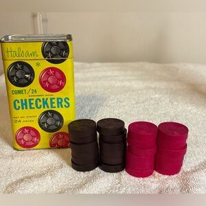 Vtg HALSAM Comet Checkers Wood Rare Cardboard Tin Box Black Red 24 Pieces